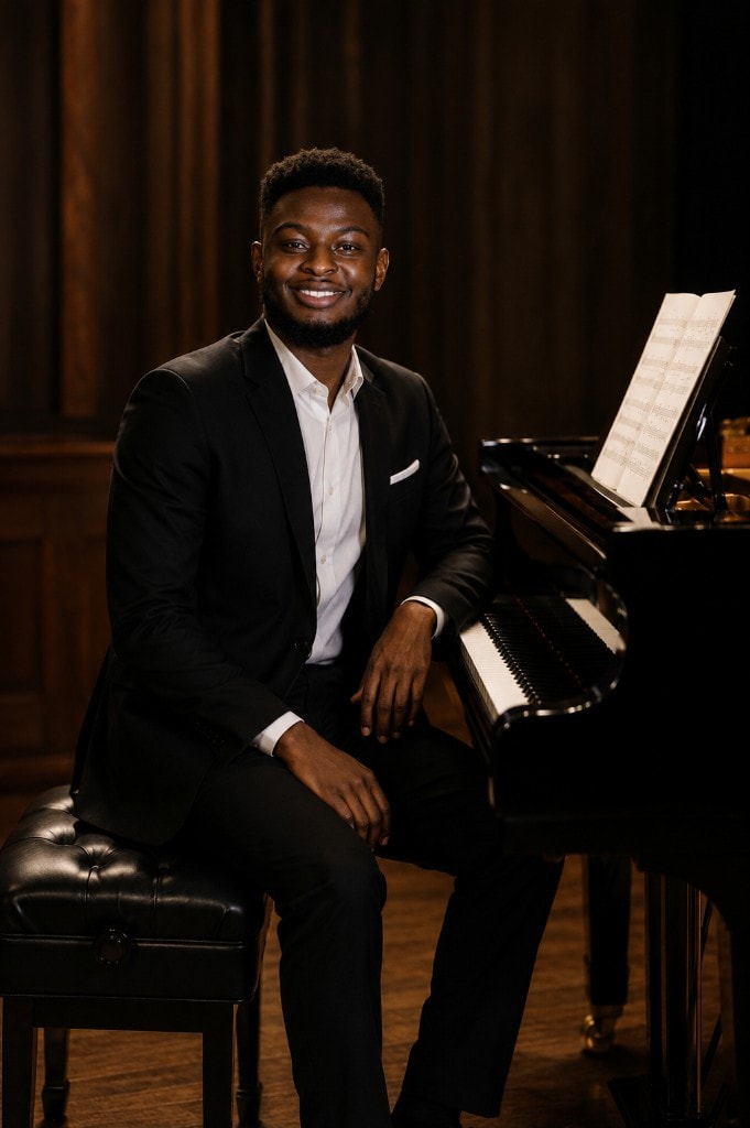 Ato Baah-Nyarkoh in black suit and white shirt at a grand piano, smiling, sheet music on the stand.